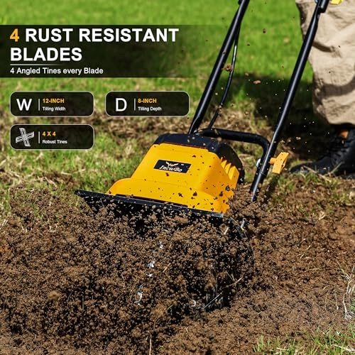         8.5AMP 12Inch Corded Tiller Cultivator 8-inch Depth Rototillers for Gardening. 360RPM Electric Garden Tiller with LT-201D Socket       