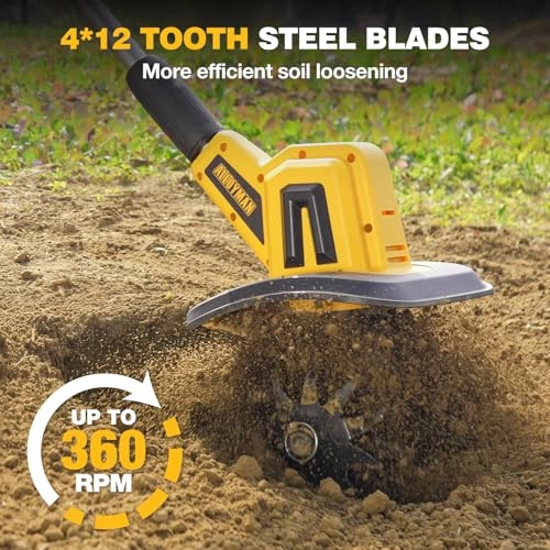         Alloyman 20V Cordless Tiller Cultivator. 360RPM Electric Garden Tiller. with 2 * 2.0Ah Batteries & Charger. 9In Tilling Width and 6.6In Depth Garden Rototiller for Lawn/Gardening/Soil Cultivation       