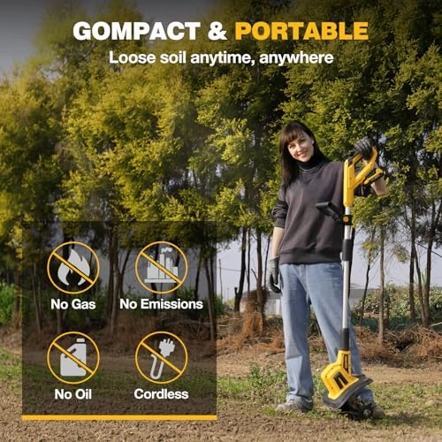         Alloyman 20V Cordless Tiller Cultivator. 360RPM Electric Garden Tiller. with 2 * 2.0Ah Batteries & Charger. 9In Tilling Width and 6.6In Depth Garden Rototiller for Lawn/Gardening/Soil Cultivation       