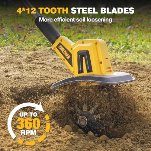         Alloyman 20V Cordless Tiller Cultivator. 360RPM Electric Garden Tiller. with 2 * 2.0Ah Batteries & Charger. 9In Tilling Width and 6.6In Depth Garden Rototiller for Lawn/Gardening/Soil Cultivation       