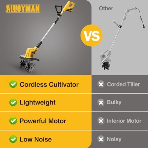         Alloyman 20V Cordless Tiller Cultivator. 360RPM Electric Garden Tiller. with 2 * 2.0Ah Batteries & Charger. 9In Tilling Width and 6.6In Depth Garden Rototiller for Lawn/Gardening/Soil Cultivation       