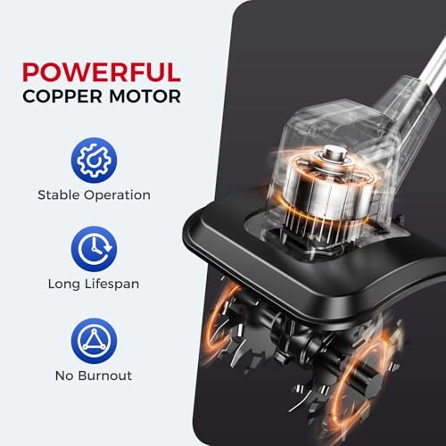         Cordless Electric Tiller for Gardening. Total 8.0Ah Battery Powered Mini Cultivator with 24.0AH Batteries & Charger. 9 Width. 6.6 Depth. 48 Steel Tines Rototiller for Soil Cultivation       