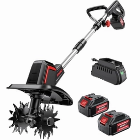         Cordless Electric Tiller for Gardening. Total 8.0Ah Battery Powered Mini Cultivator with 24.0AH Batteries & Charger. 9 Width. 6.6 Depth. 48 Steel Tines Rototiller for Soil Cultivation       