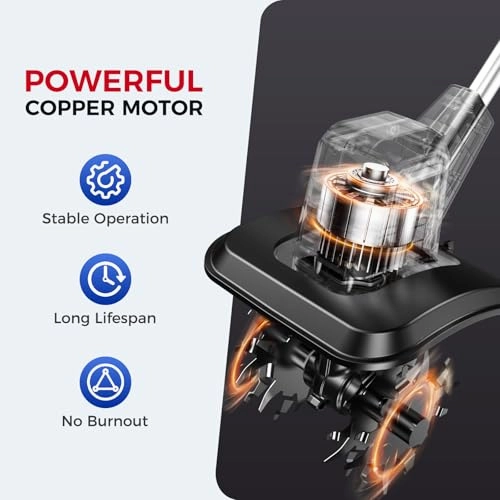         Cordless Electric Tiller for Gardening. Total 8.0Ah Battery Powered Mini Cultivator with 24.0AH Batteries & Charger. 9 Width. 6.6 Depth. 48 Steel Tines Rototiller for Soil Cultivation       
