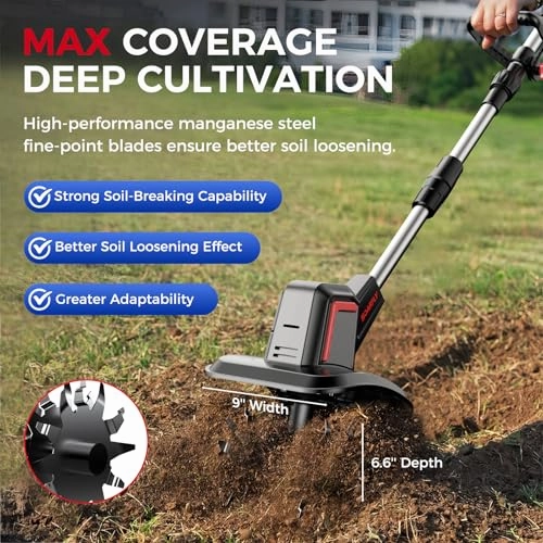         Cordless Electric Tiller for Gardening. Total 8.0Ah Battery Powered Mini Cultivator with 24.0AH Batteries & Charger. 9 Width. 6.6 Depth. 48 Steel Tines Rototiller for Soil Cultivation       