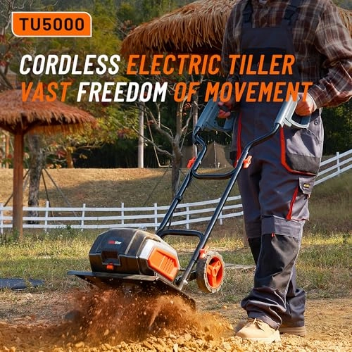         Cordless Electric Tiller Garden Cultivator TaskStar 40V Power Tiller Total 5000mAhx2 Battery Powered Rototiller 14 Width 9Depth Tiller for Gardening.Dynamical Brushless Motor Enable Smooth Workflow       