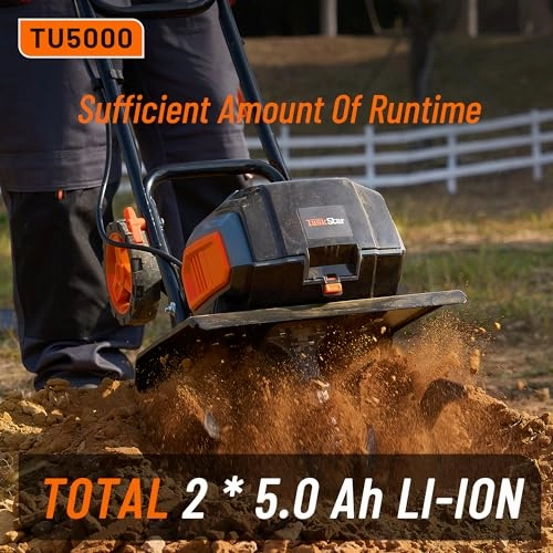         Cordless Electric Tiller Garden Cultivator TaskStar 40V Power Tiller Total 5000mAhx2 Battery Powered Rototiller 14 Width 9Depth Tiller for Gardening.Dynamical Brushless Motor Enable Smooth Workflow       