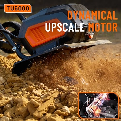         Cordless Electric Tiller Garden Cultivator TaskStar 40V Power Tiller Total 5000mAhx2 Battery Powered Rototiller 14 Width 9Depth Tiller for Gardening.Dynamical Brushless Motor Enable Smooth Workflow       