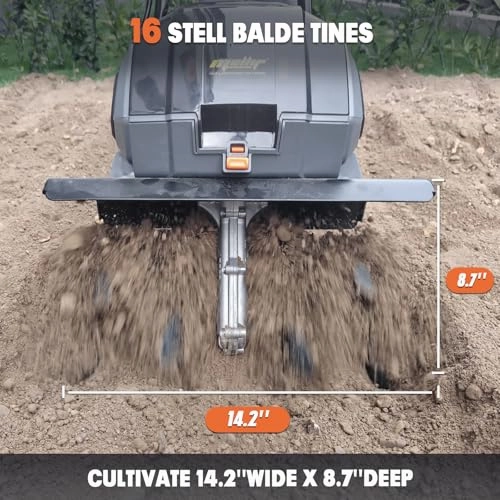         Cordless Garden Tiller Cultivator Compatible with Dewalt 20v Max Battery (Tool Bare) 14.2'' Width 8.7'' Depth 16 Steel Tines. 40V Electric Rototiller Brushless Foldable with Adjustable Wheels       