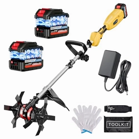         Cordless Tiller Cultivator. 21V 450RPM Electric Tiller with Battery Level Display. 2 * 4.0Ah Batteries & Charger. Tiller for Gardening. Lawn. Soil (Cultivation Width 10/ Depth 9)       