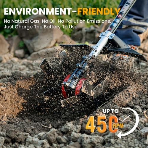         Cordless Tiller Cultivator. 21V 450RPM Electric Tiller with Battery Level Display. 2 * 4.0Ah Batteries & Charger. Tiller for Gardening. Lawn. Soil (Cultivation Width 10/ Depth 9)       
