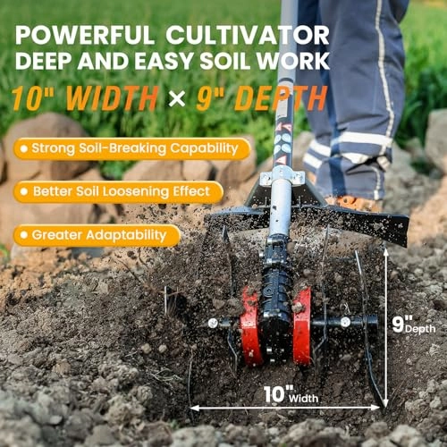         Cordless Tiller Cultivator. 21V 450RPM Electric Tiller with Battery Level Display. 2 * 4.0Ah Batteries & Charger. Tiller for Gardening. Lawn. Soil (Cultivation Width 10/ Depth 9)       