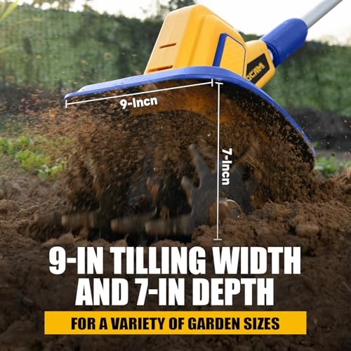         Cordless Tiller Cultivator Compatible with Dewalt 20V Battery(Tool Only). 360RPM Battery Powered Garden Cultivator. 9In Tilling Width & 7In Depth Tiller for Gardening       