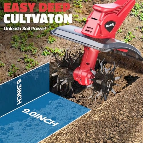         Cordless Tiller Cultivator for Milwaukee 18V Battery: MtiolHig Tiller for Gardening 360RPM Electric Garden Tiller. Brushless Rototiller 9 Width and 6.3 Depth for Lawn/Soil Cultivation (No Battery)       