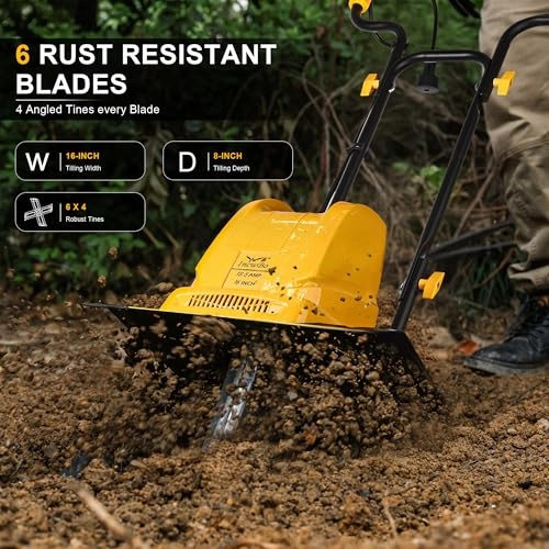         Garden Rototiller 16-Inch 13.5-Amp Corded Electric Tiller/Cultivator. Adjustable Wheels. 8-Inch Tilling Depth. Powerful and Lightweight Tiller       