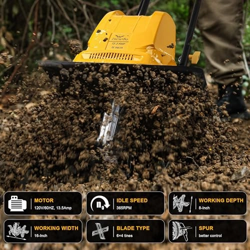         Garden Rototiller 16-Inch 13.5-Amp Corded Electric Tiller/Cultivator. Adjustable Wheels. 8-Inch Tilling Depth. Powerful and Lightweight Tiller       