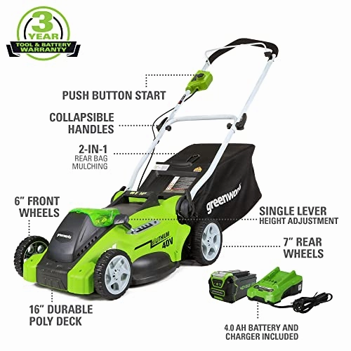         Greenworks 40V 16 Cordless Electric Lawn Mower   40V Sweeper (150 MPH). 4.0Ah Battery and Charger Included       
