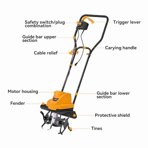         Hoteche 12-Inch Corded Electric Tiller 6.3-Amp Garden Soil Cultivator with 4 Steel Tines       