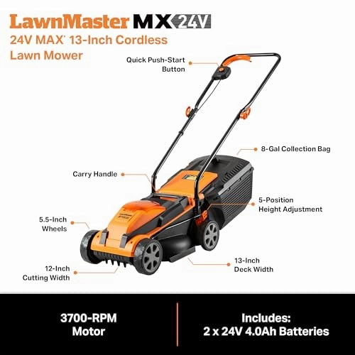         LawnMaster CLM2413A Cordless 13-Inch Lawn Mower 24V Max with 2X4.0Ah Battery and a Charger       