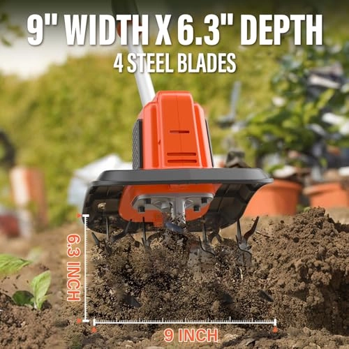         MAXLANDER 20V Cordless Tiller Cultivator. 9-Inch Electric Garden Tiller with 48 Steel Tines. 360RPM Battery Powered Rototiller for Gardening. 4.0Ah Battery and Charger Included       