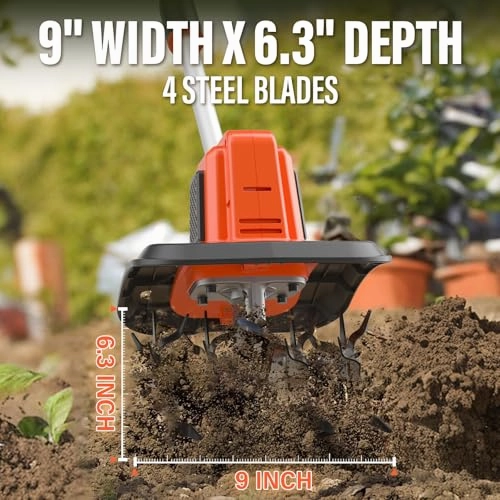         MAXLANDER 20V Cordless Tiller Cultivator. 9-Inch Electric Garden Tiller with 48 Steel Tines. 360RPM Battery Powered Rototiller for Gardening. 4.0Ah Battery and Charger Included       