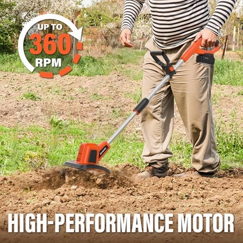         MAXLANDER 20V Cordless Tiller Cultivator. 9-Inch Electric Garden Tiller with 48 Steel Tines. 360RPM Battery Powered Rototiller for Gardening. 4.0Ah Battery and Charger Included       