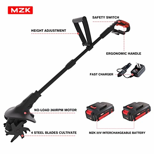         MZK 20V Cordless Tiller Cultivator with 24 Steel Tines.7.8-inch Wide Battery Powered Garden Cultivator. Mini Tiller for Gardening(2 * 2AH Battery and Charger Included)       