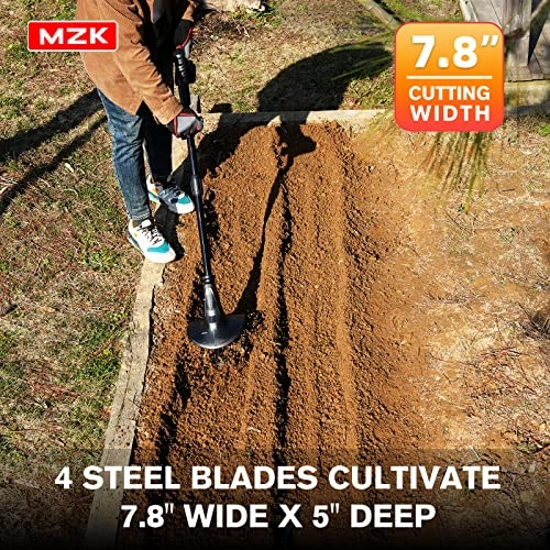         MZK 20V Cordless Tiller Cultivator with 24 Steel Tines.7.8-inch Wide Battery Powered Garden Cultivator. Mini Tiller for Gardening(2 * 2AH Battery and Charger Included)       