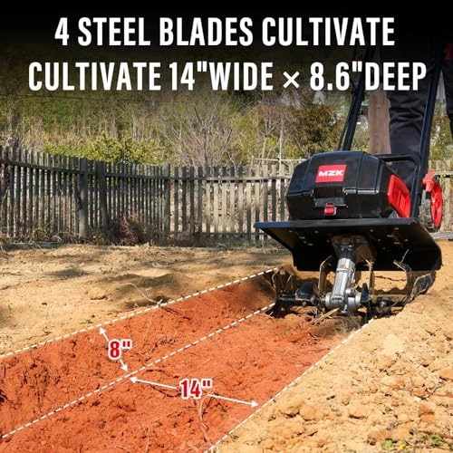         MZK 40V 12-inch Cordless Garden Tiller. Battery Powered Garden Cultivator. 2 * 4.0Ah Battery and Fast Charger Included       