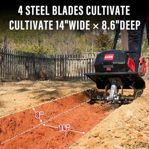         MZK 40V 12-inch Cordless Garden Tiller. Battery Powered Garden Cultivator. 2 * 4.0Ah Battery and Fast Charger Included       