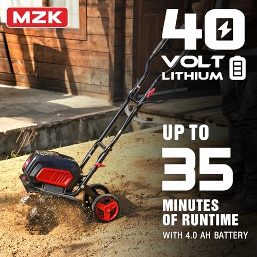         MZK 40V 12-inch Cordless Garden Tiller. Battery Powered Garden Cultivator. 2 * 4.0Ah Battery and Fast Charger Included       