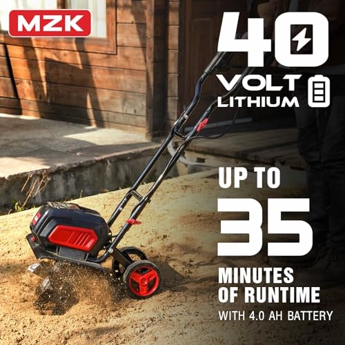         MZK 40V 12-inch Cordless Garden Tiller. Battery Powered Garden Cultivator. 2 * 4.0Ah Battery and Fast Charger Included       