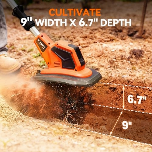         Tiller for Gardening. 21V Cordless Tiller Cultivator. 360RPM Electric Tiller. 2 X 2.0 AH Battery Powered Tiller. Tilling 9in Width and 6.3in Depth Garden Rototiller for Lawn/Gardening/Soil Cultivation       