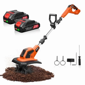         Tiller for Gardening. 21V Cordless Tiller Cultivator. 360RPM Electric Tiller. 2 X 2.0 AH Battery Powered Tiller. Tilling 9in Width and 6.3in Depth Garden Rototiller for Lawn/Gardening/Soil Cultivation       