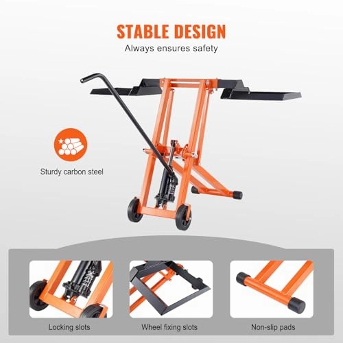         VEVOR Lawn Mower Lift with Hydraulic Jack. 500 Lbs Weight Capacity. Solid Carbon Steel Lawn Mower Lift. Adjustable Movable Lawn Lifter for Riding Tractors and Zero Turn Lawn Mowers. Orange       
