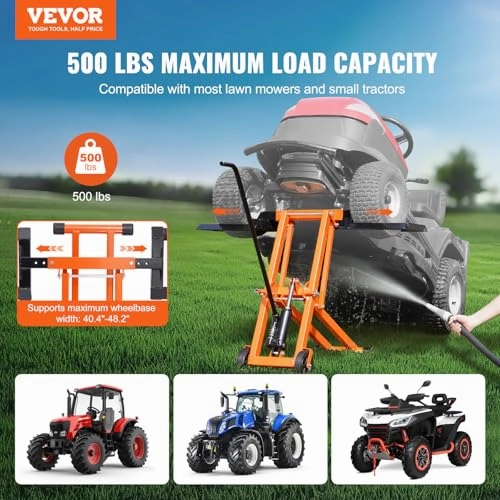         VEVOR Lawn Mower Lift with Hydraulic Jack. 500 Lbs Weight Capacity. Solid Carbon Steel Lawn Mower Lift. Adjustable Movable Lawn Lifter for Riding Tractors and Zero Turn Lawn Mowers. Orange       