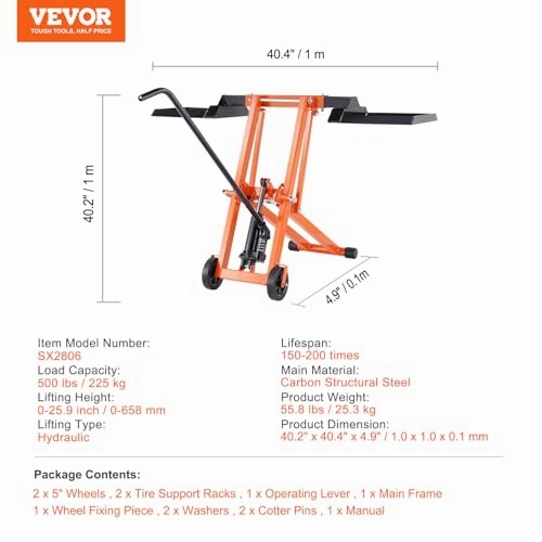        VEVOR Lawn Mower Lift with Hydraulic Jack. 500 Lbs Weight Capacity. Solid Carbon Steel Lawn Mower Lift. Adjustable Movable Lawn Lifter for Riding Tractors and Zero Turn Lawn Mowers. Orange       