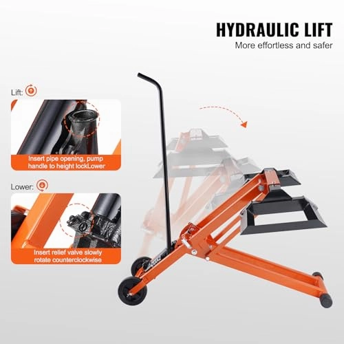         VEVOR Lawn Mower Lift with Hydraulic Jack. 500 Lbs Weight Capacity. Solid Carbon Steel Lawn Mower Lift. Adjustable Movable Lawn Lifter for Riding Tractors and Zero Turn Lawn Mowers. Orange       
