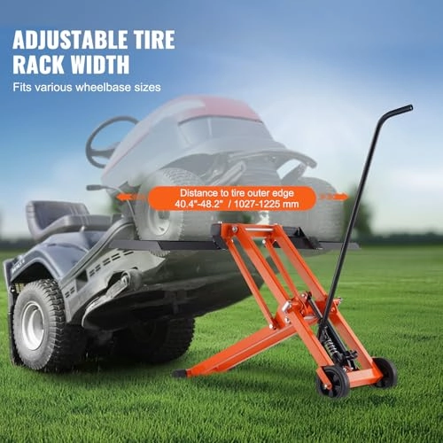         VEVOR Lawn Mower Lift with Hydraulic Jack. 500 Lbs Weight Capacity. Solid Carbon Steel Lawn Mower Lift. Adjustable Movable Lawn Lifter for Riding Tractors and Zero Turn Lawn Mowers. Orange       
