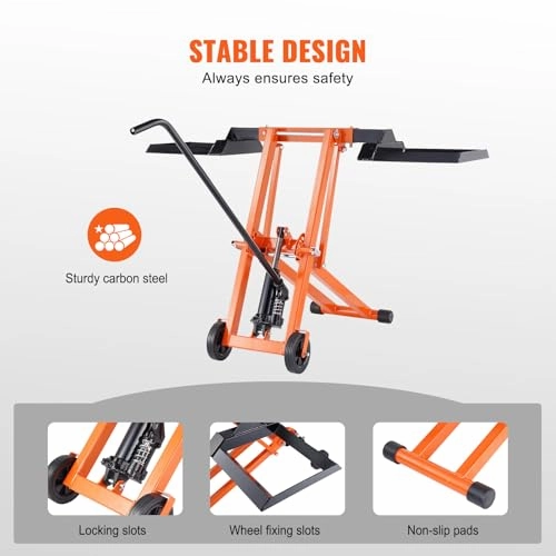         VEVOR Lawn Mower Lift with Hydraulic Jack. 500 Lbs Weight Capacity. Solid Carbon Steel Lawn Mower Lift. Adjustable Movable Lawn Lifter for Riding Tractors and Zero Turn Lawn Mowers. Orange       