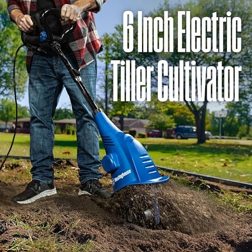         Westinghouse 6-Inch. 2.5 Amp Corded Electric Mini Tiller Cultivator for Gardening. Lightweight. 4 Steel Blades       