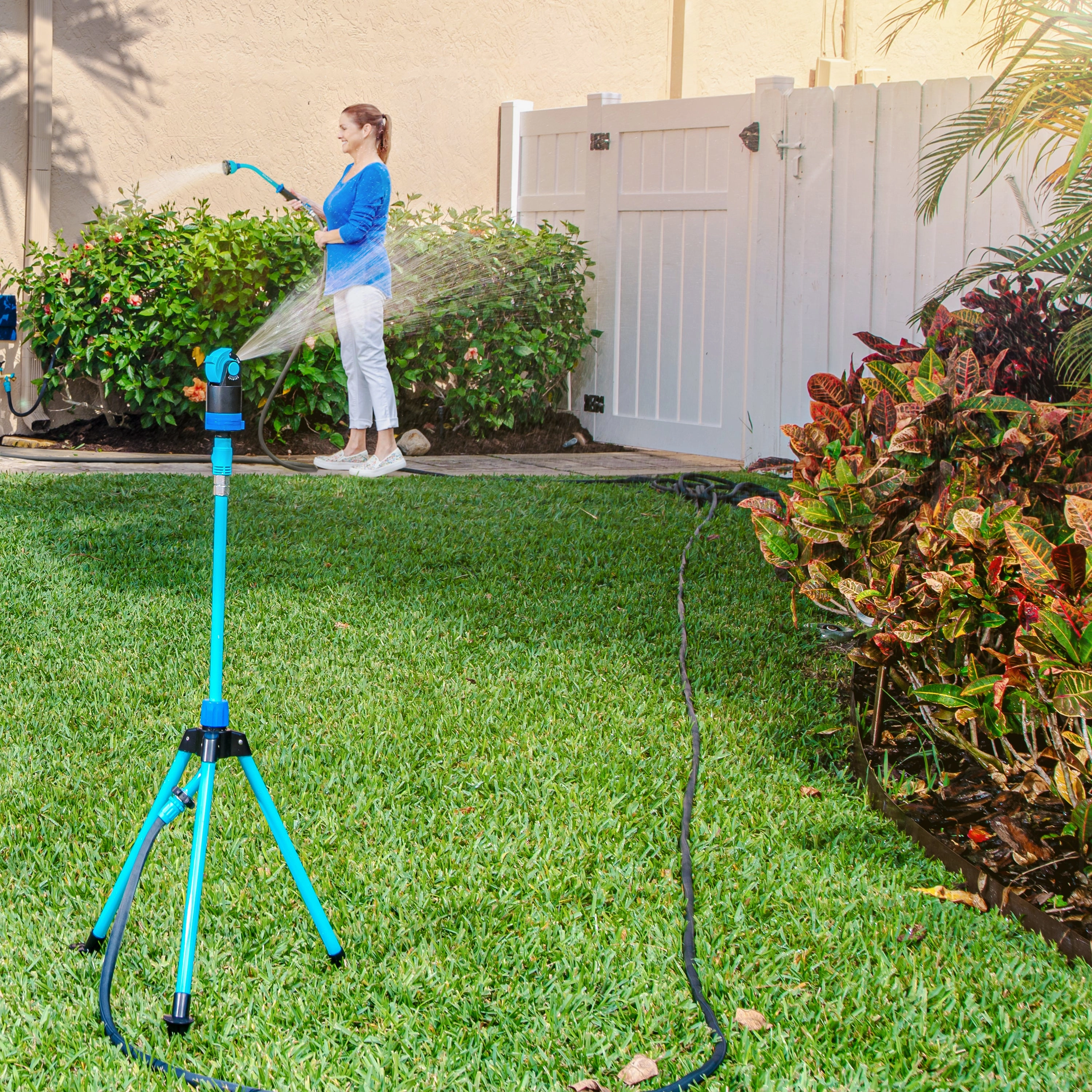 Aqua Joe Indestructible Watering Bundle | Includes Heavy Duty Stainless Steel Hose. Indestructible Multi-Function Nozzle. and Indestructible Tripod Sprinkler