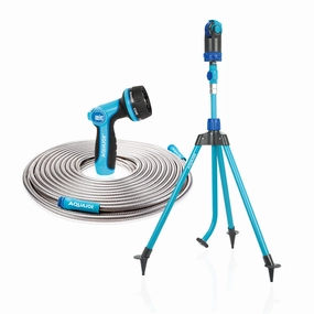Aqua Joe Indestructible Watering Bundle | Includes Heavy Duty Stainless Steel Hose. Indestructible Multi-Function Nozzle. and Indestructible Tripod Sprinkler