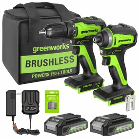 RENEWED 24V Brushless 1/2 Drill / Driver. 1/4 Hex Impact Driver. 8 pcs Bit Set & Bag Kit w/ (2) 2.0Ah Batteries & Charger