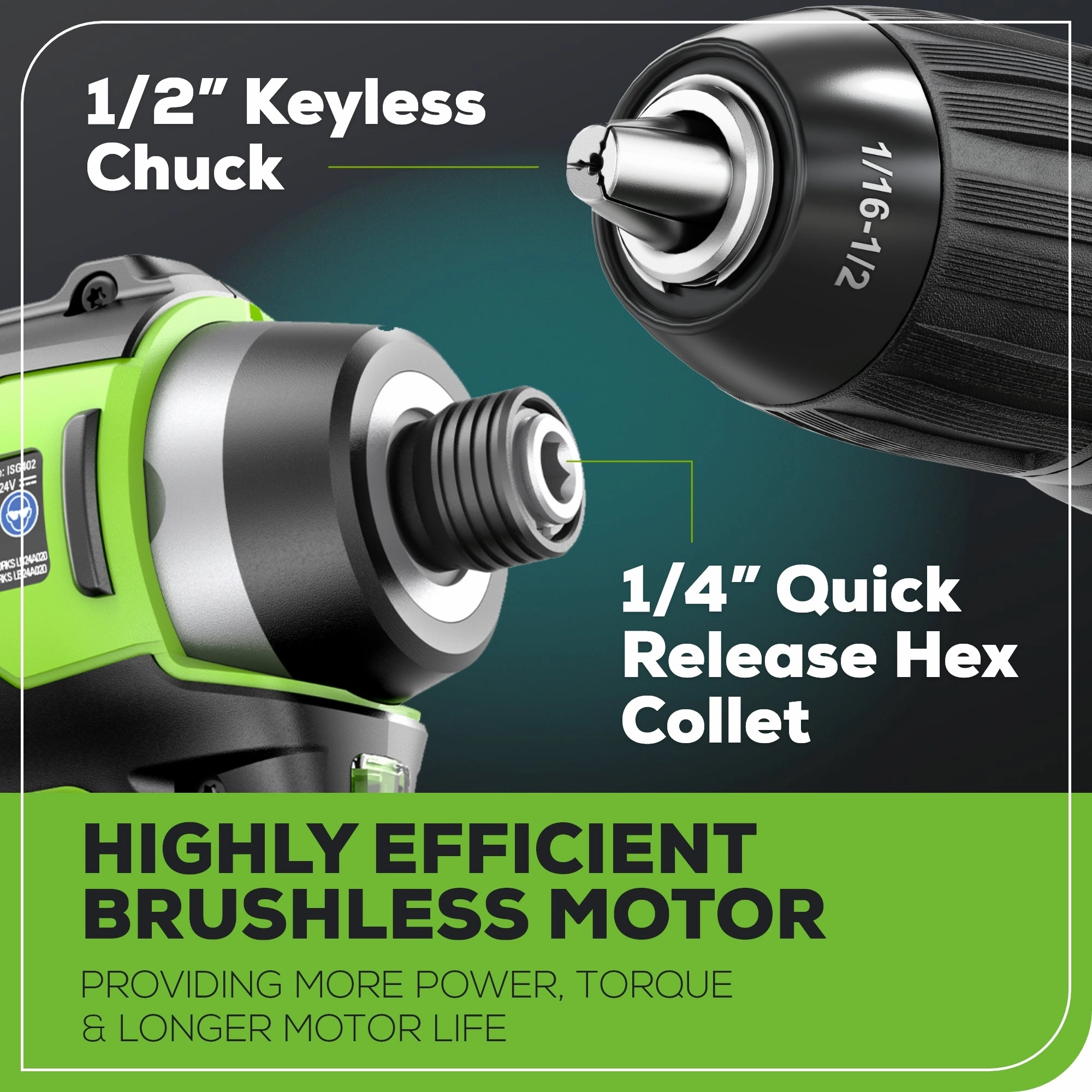 RENEWED 24V Brushless 1/2 Drill / Driver. 1/4 Hex Impact Driver. 8 pcs Bit Set & Bag Kit w/ (2) 2.0Ah Batteries & Charger