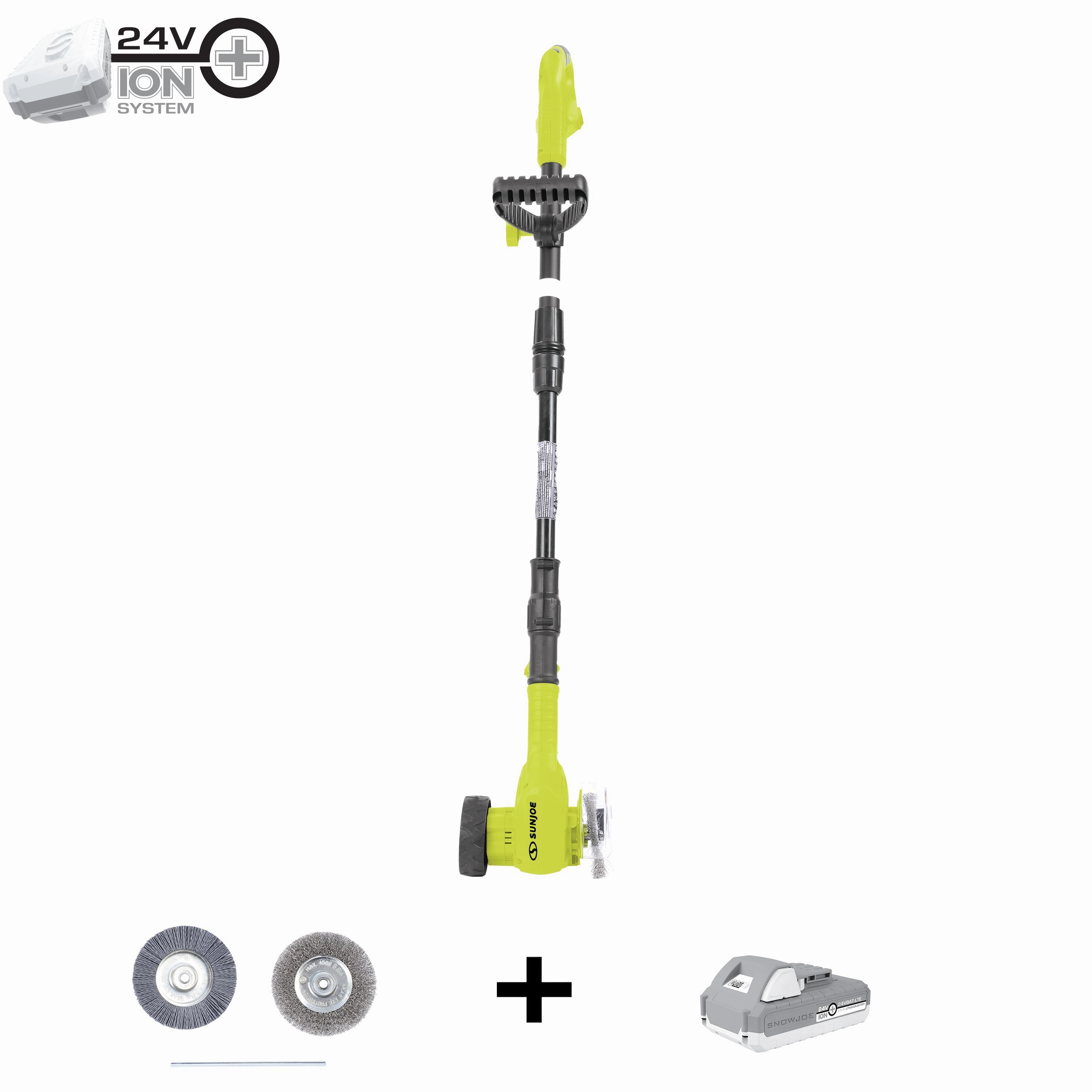 Sun Joe 24V-CTC-LTE 24-Volt* IONMAX Cordless Weed Sweeper | Nylon Brush. Steel Wire Brush. & Adjustable Pole | Sweeper Head W/ Wheel | W/ 2.0-Ah Battery   Charger