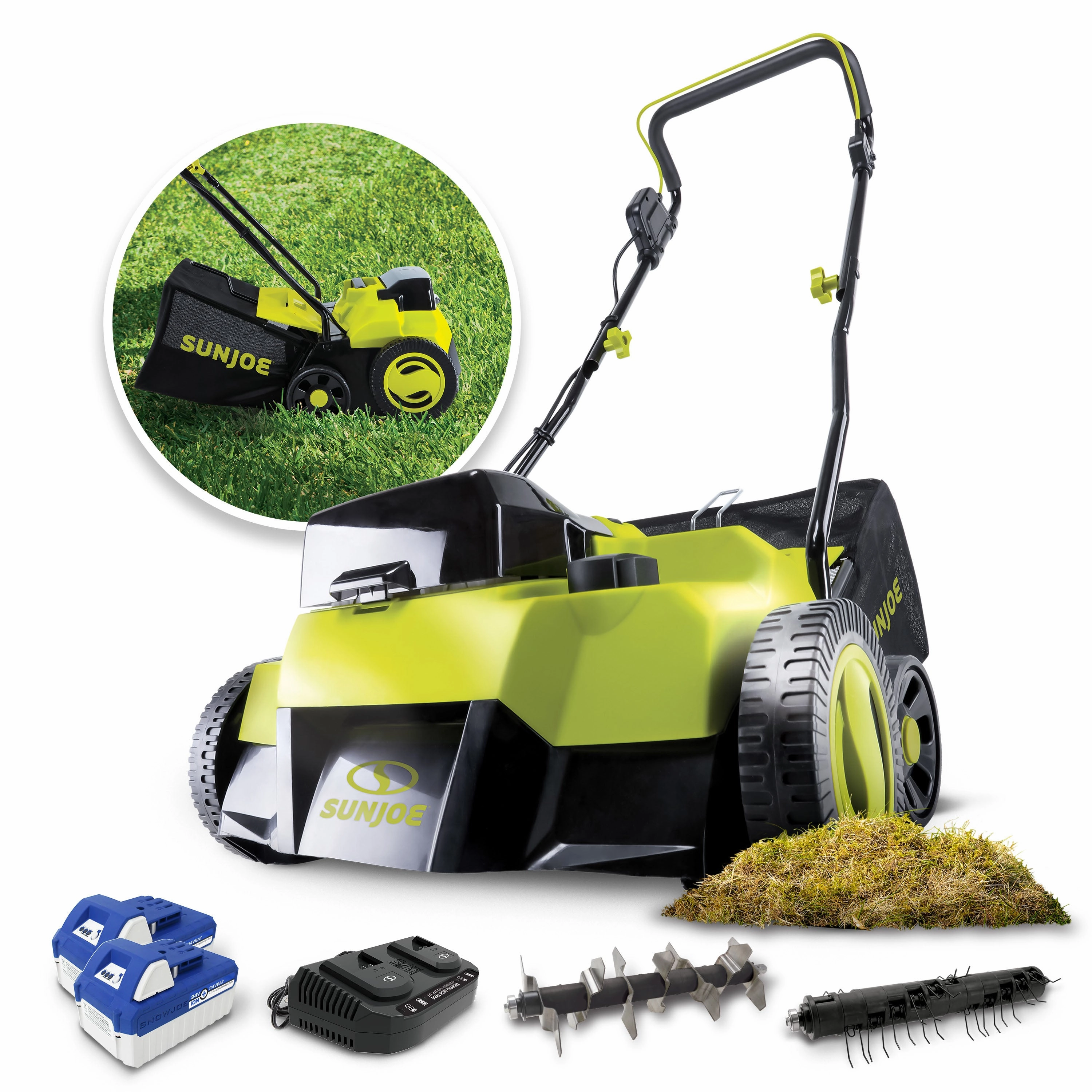 Sun Joe 24V-X2-DTS15 48-Volt* IONMAX Cordless Scarifier   Dethatcher | 5-Depth Positions | 15-inch | Brushless Motor | W/ 2 x 4.0-Ah Batteries   Charger
