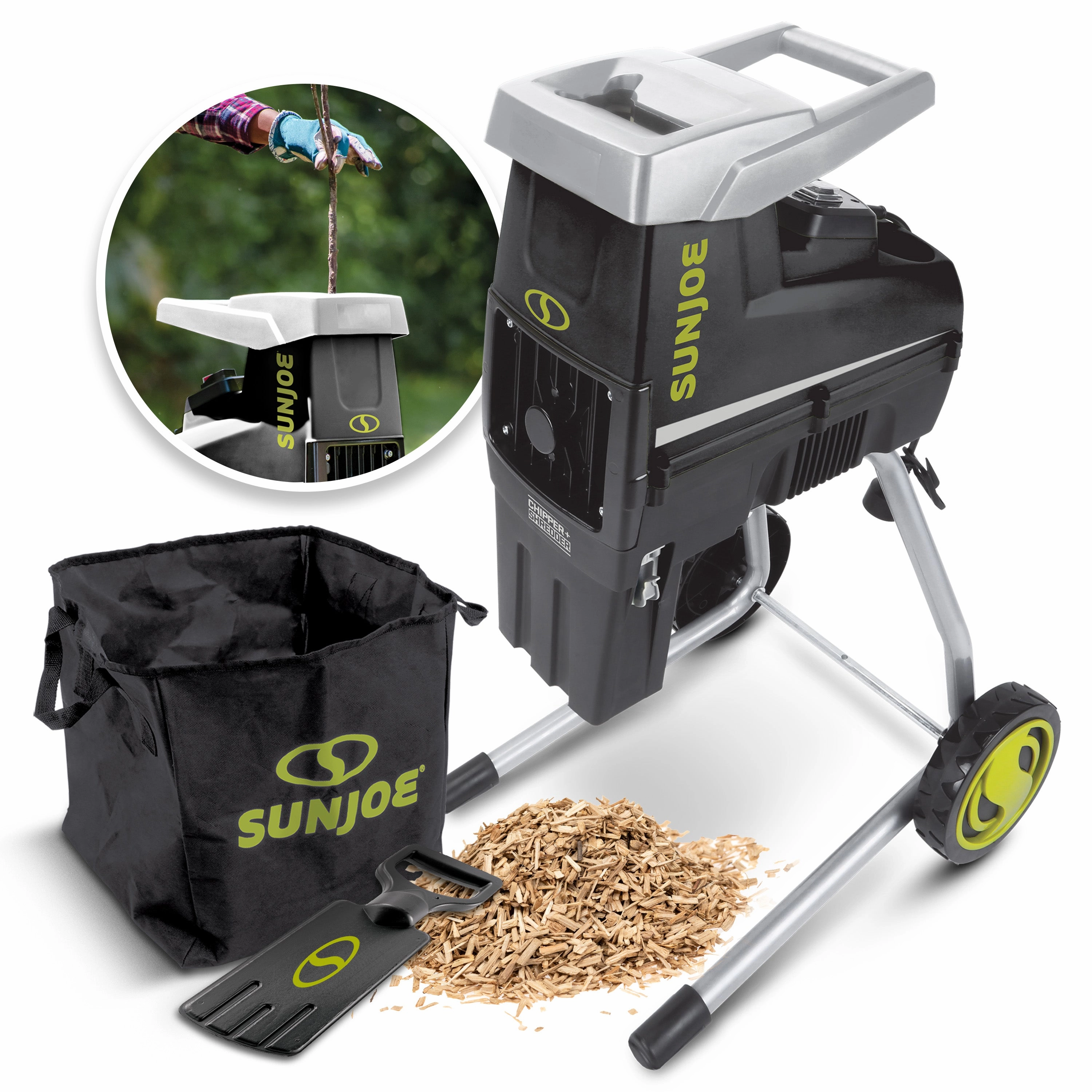 Sun Joe CJ603E Silent Electric Wood Chipper   Shredder W/ Collection Bag | 1.7-inch Cutting Diameter | 15-Amp