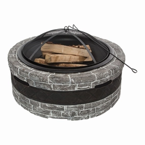 Sun Joe SJFP35-CS-STN 35-Inch Cast Stone Base. Wood Burning Fire Pit w/Dome Screen and Poker. Charcoal Stone