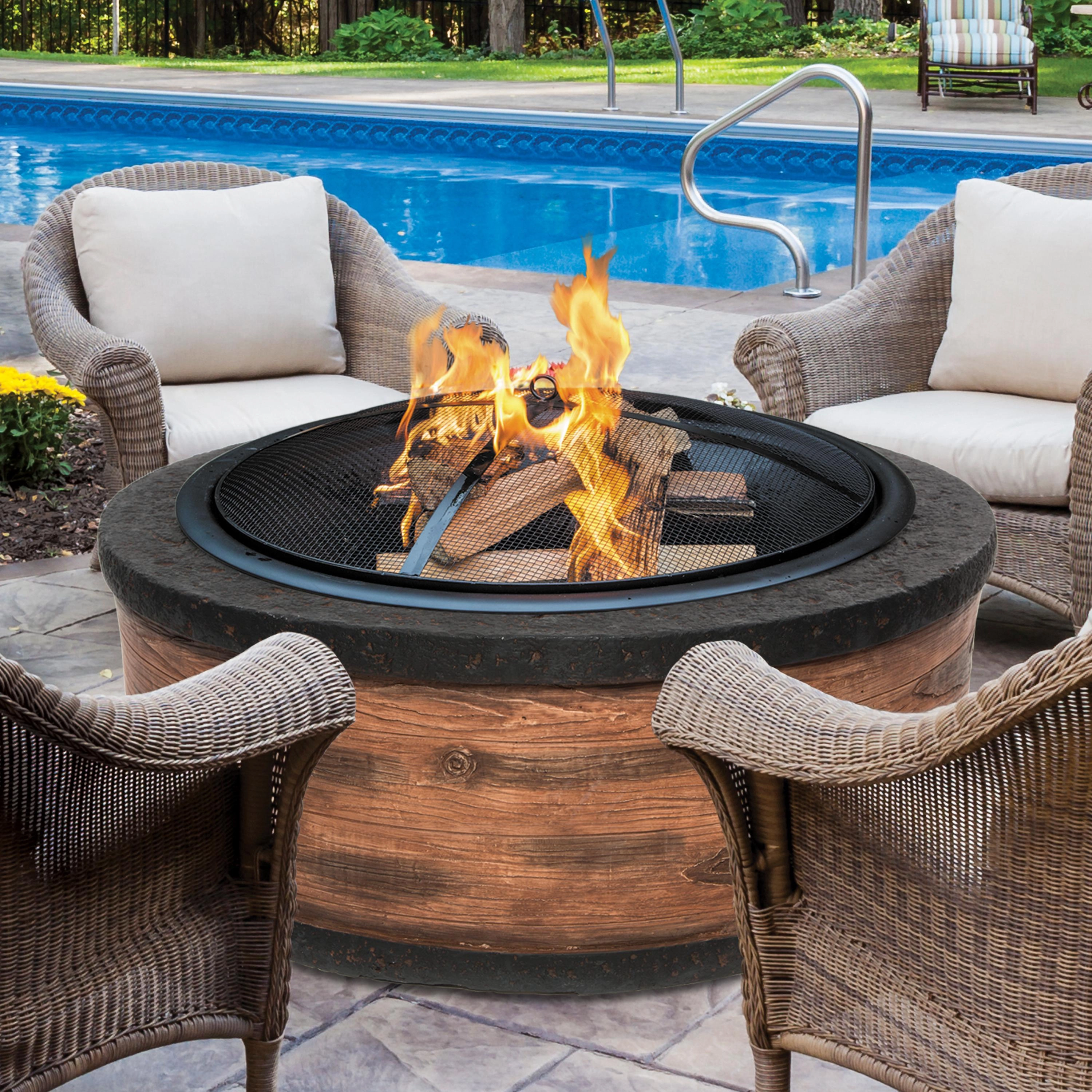 Sun Joe SJFP35-RW-STN 35-Inch Cast Stone Base. Wood Burning Fire Pit w/Dome Screen and Poker. Rustic Wood